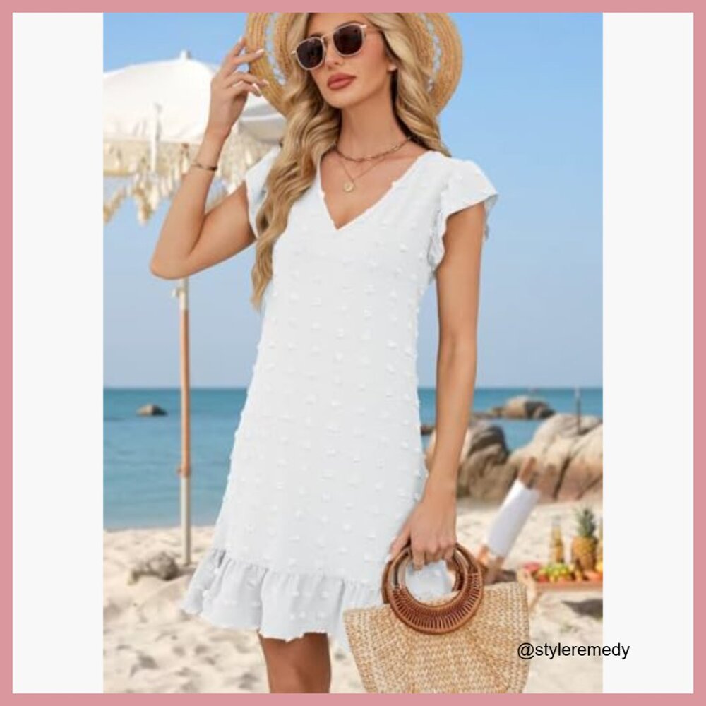 Polyester V-Neck Cap Sleeve Ruffle Hem Casual Beach Dress - Picture 3 of 7